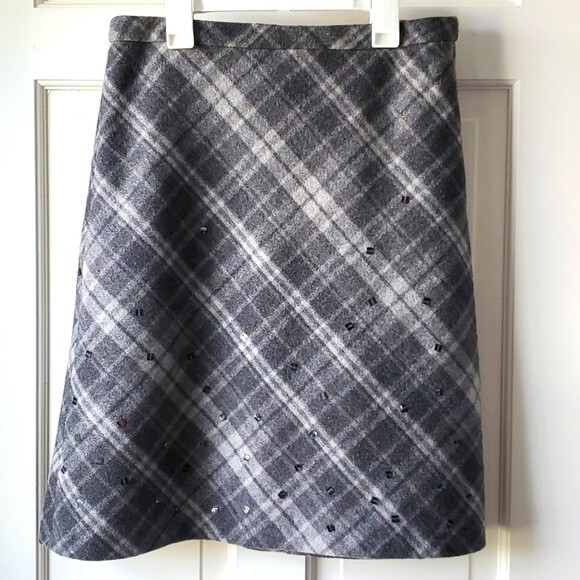 J. CREW VINTAGE 90s GRAY WOOL PLAID SEQUINS A-LINE SKIRT WOMEN'S SIZE 6 Y2K - Picture 1 of 14